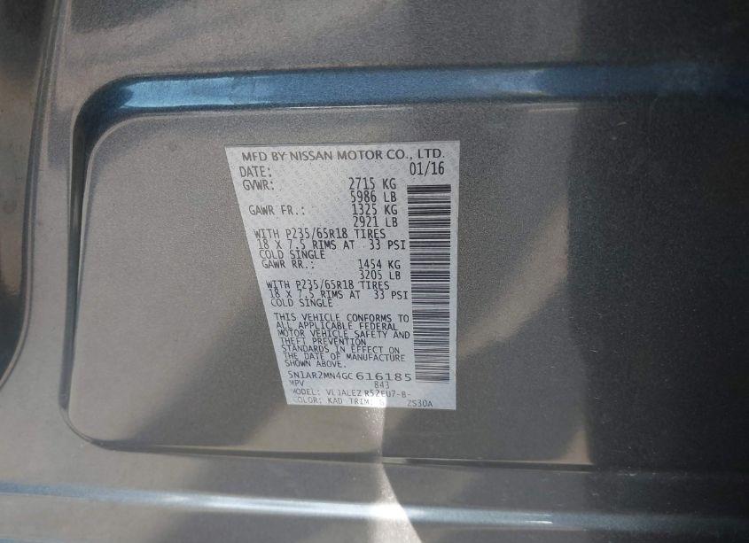 Photo 9 of 2016 Nissan Pathfinder PLATINUM/S/SL/SV (VIN 5N1AR2MN4GC616185)