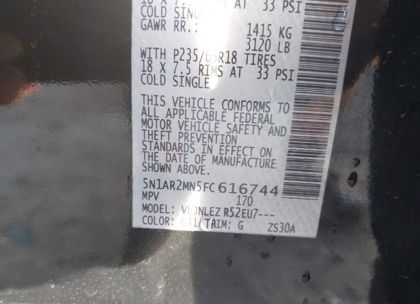 Photo 9 of 2015 Nissan Pathfinder PLATINUM/S/SL/SV (VIN 5N1AR2MN5FC616744)