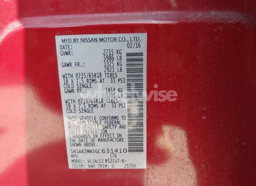 Photo 9 of 2016 Nissan Pathfinder PLATINUM/S/SL/SV (VIN 5N1AR2MN5GC631410)