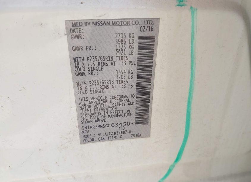 Photo 9 of 2016 Nissan Pathfinder PLATINUM/S/SL/SV (VIN 5N1AR2MN5GC634503)