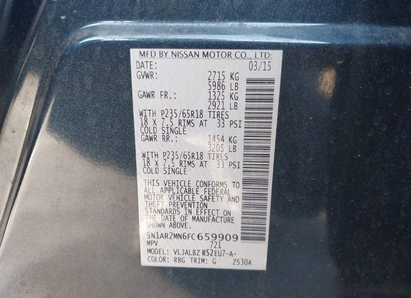 Photo 9 of 2015 Nissan Pathfinder S (VIN 5N1AR2MN6FC659909)