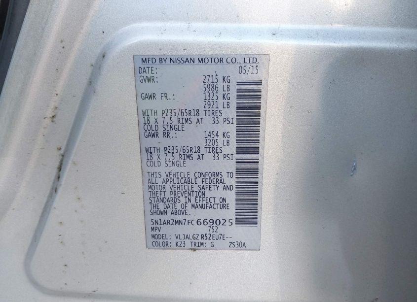 Photo 9 of 2015 Nissan Pathfinder SL (VIN 5N1AR2MN7FC669025)