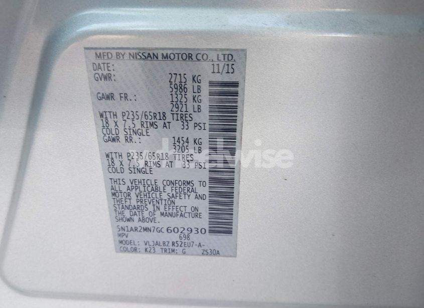 Photo 9 of 2016 Nissan Pathfinder PLATINUM/S/SL/SV (VIN 5N1AR2MN7GC602930)