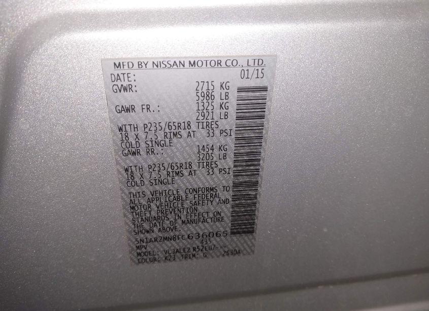 Photo 9 of 2015 Nissan Pathfinder PLATINUM/S/SL/SV (VIN 5N1AR2MN8FC636065)