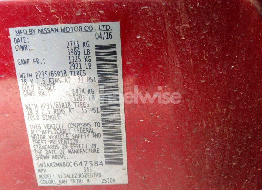 Photo 9 of 2016 Nissan Pathfinder PLATINUM/SV/S/SL (VIN 5N1AR2MN8GC647584)