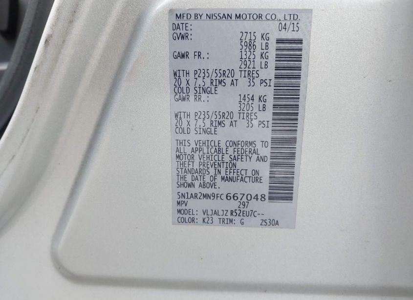 Photo 9 of 2015 Nissan Pathfinder PLATINUM (VIN 5N1AR2MN9FC667048)