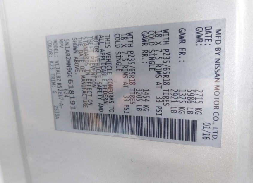 Photo 9 of 2016 Nissan Pathfinder PLATINUM/S/SL/SV (VIN 5N1AR2MN9GC618191)