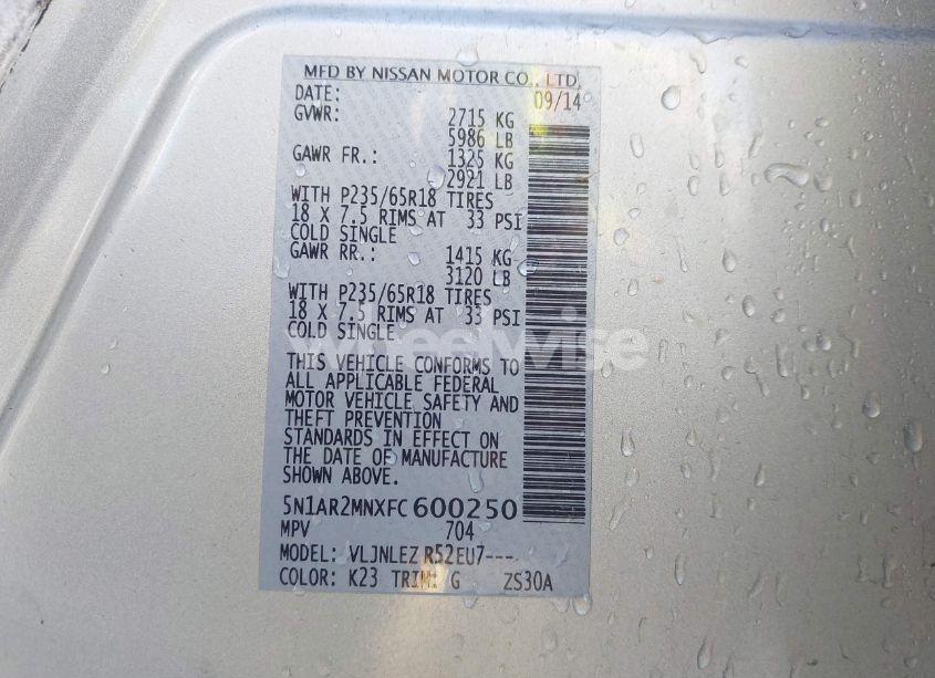 Photo 9 of 2015 Nissan Pathfinder PLATINUM/S/SL/SV (VIN 5N1AR2MNXFC600250)