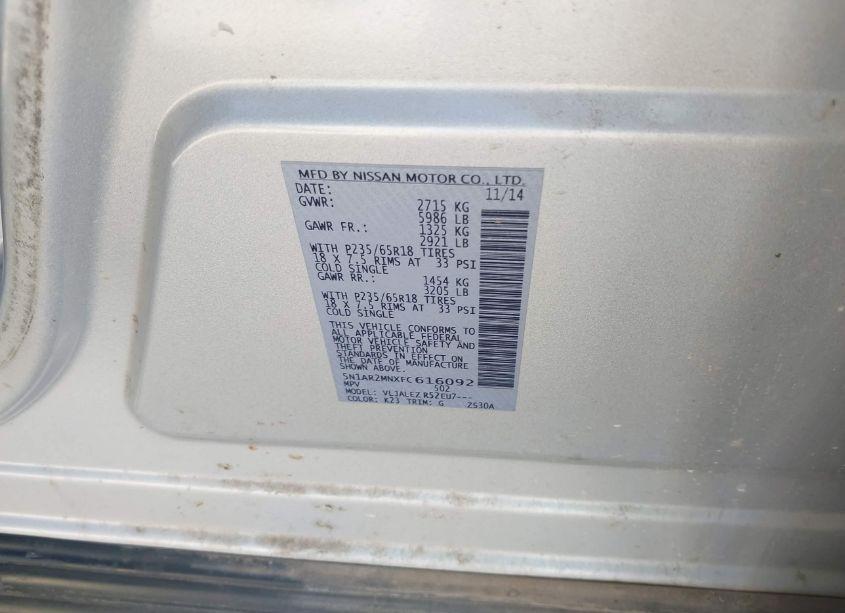 Photo 9 of 2015 Nissan Pathfinder PLATINUM/S/SL/SV (VIN 5N1AR2MNXFC616092)