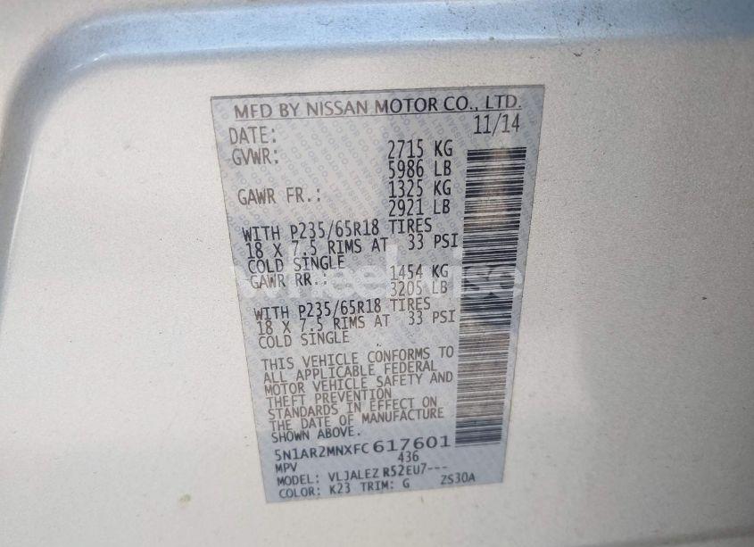 Photo 9 of 2015 Nissan Pathfinder PLATINUM/S/SL/SV (VIN 5N1AR2MNXFC617601)