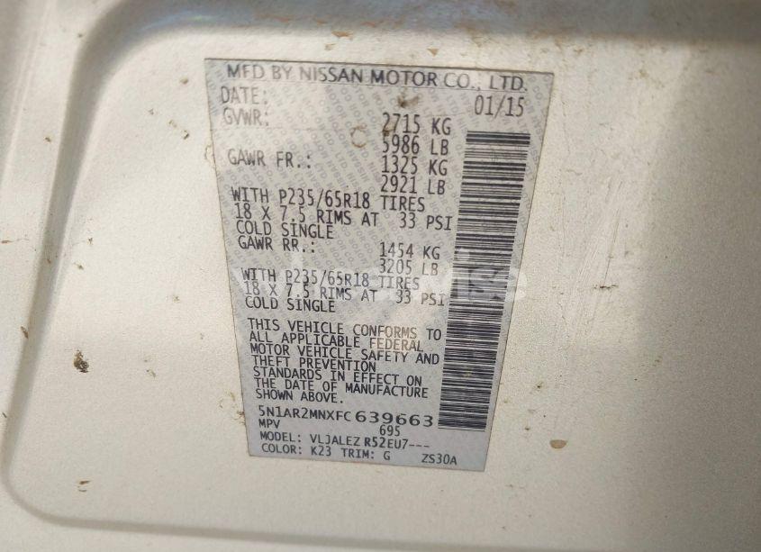 Photo 9 of 2015 Nissan Pathfinder PLATINUM/S/SL/SV (VIN 5N1AR2MNXFC639663)