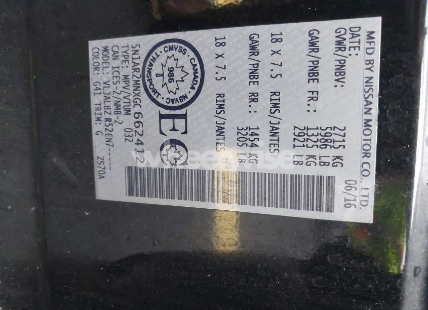 Photo 9 of 2016 Nissan Pathfinder PLATINUM/S/SL/SV (VIN 5N1AR2MNXGC662412)