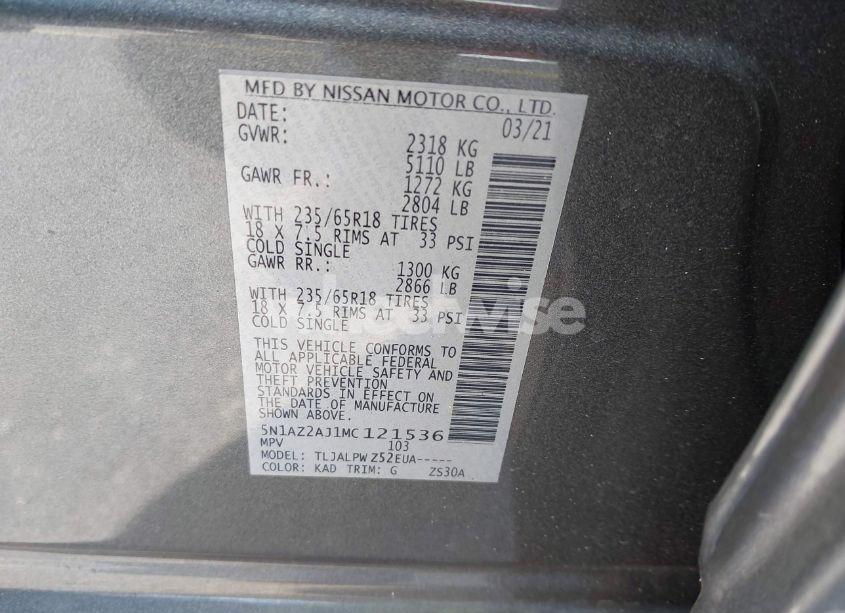 Photo 9 of 2021 Nissan Murano S FWD (VIN 5N1AZ2AJ1MC121536)