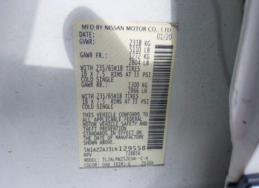 Photo 9 of 2020 Nissan Murano S FWD (VIN 5N1AZ2AJ3LN129558)