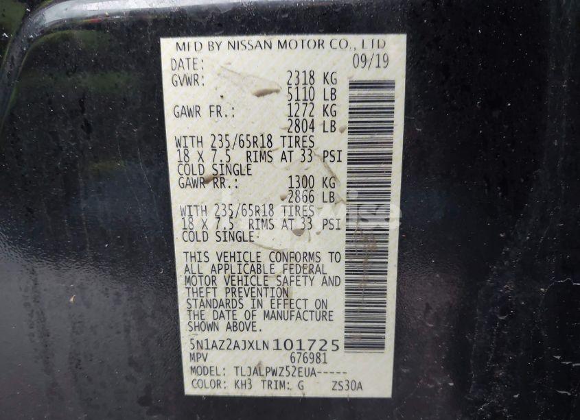 Photo 9 of 2020 Nissan Murano S FWD (VIN 5N1AZ2AJXLN101725)