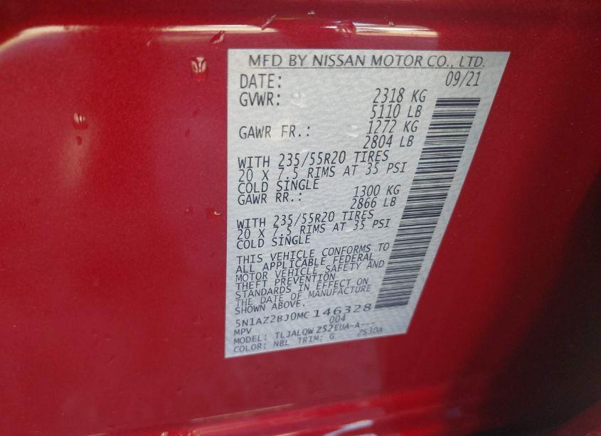 Photo 9 of 2021 Nissan Murano SV FWD (VIN 5N1AZ2BJ0MC146328)