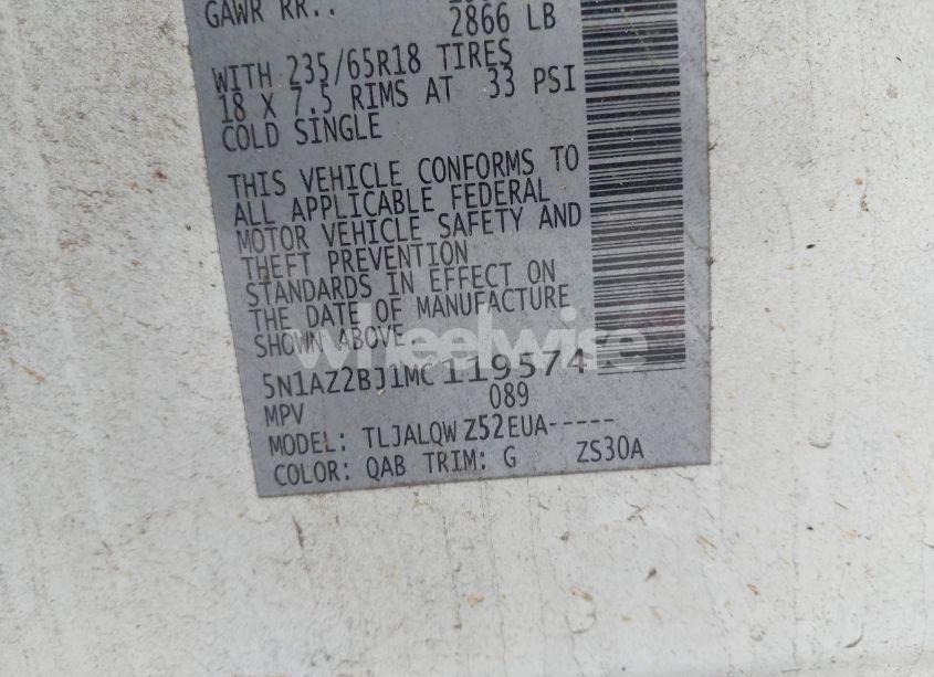 Photo 9 of 2021 Nissan Murano SV FWD (VIN 5N1AZ2BJ1MC119574)