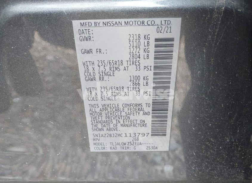 Photo 9 of 2021 Nissan Murano SV FWD (VIN 5N1AZ2BJ2MC113797)