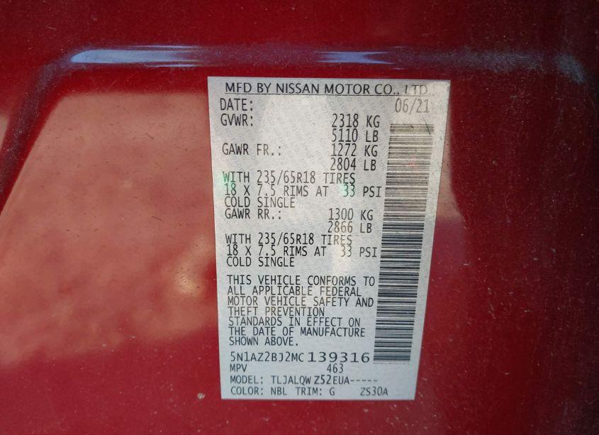 Photo 9 of 2021 Nissan Murano SV FWD (VIN 5N1AZ2BJ2MC139316)