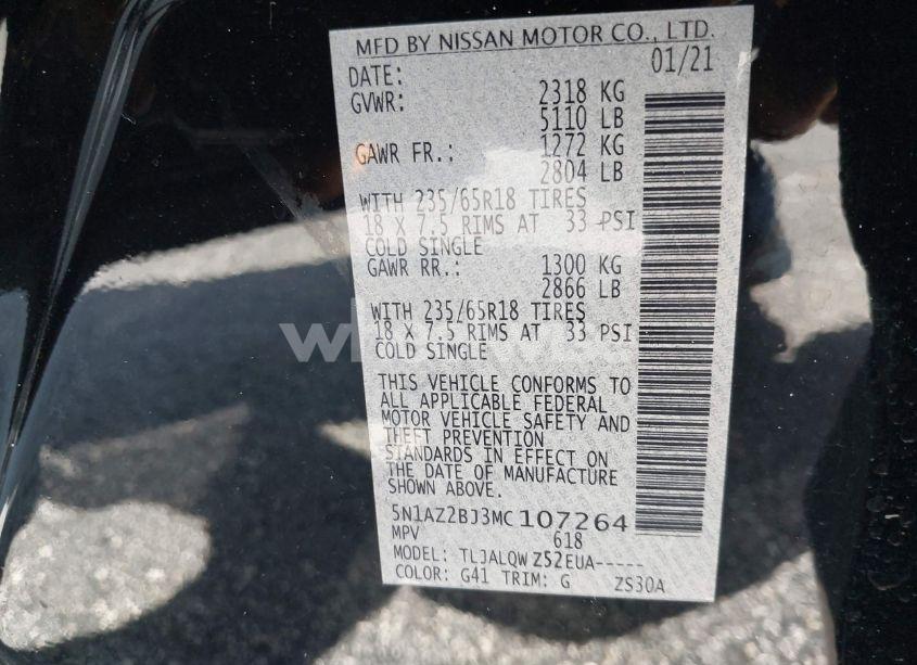 Photo 9 of 2021 Nissan Murano SV FWD (VIN 5N1AZ2BJ3MC107264)
