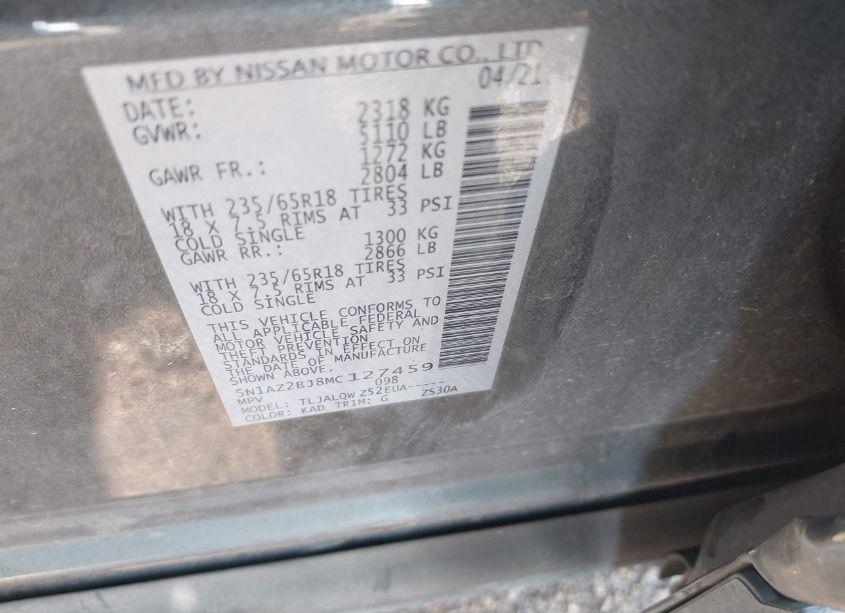 Photo 9 of 2021 Nissan Murano SV FWD (VIN 5N1AZ2BJ8MC127459)