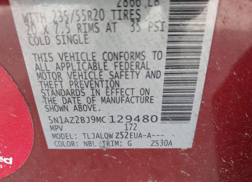 Photo 9 of 2021 Nissan Murano SV FWD (VIN 5N1AZ2BJ9MC129480)