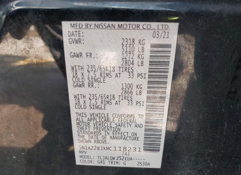 Photo 9 of 2021 Nissan Murano SV FWD (VIN 5N1AZ2BJXMC118231)