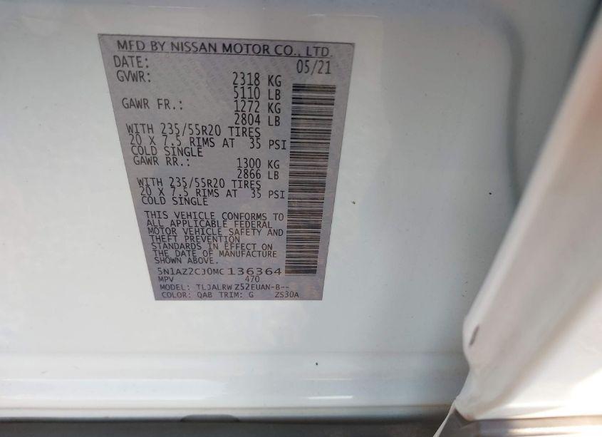 Photo 9 of 2021 Nissan Murano SL FWD (VIN 5N1AZ2CJ0MC136364)