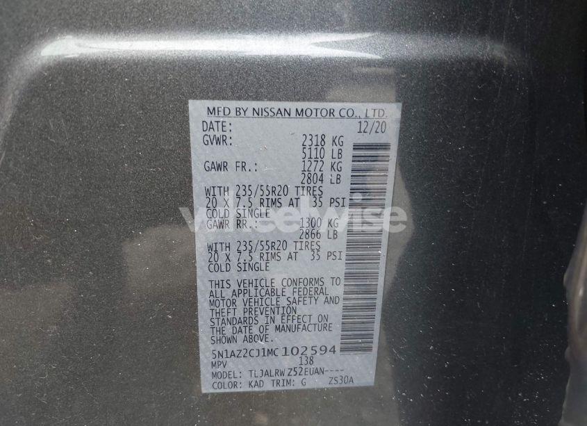 Photo 9 of 2021 Nissan Murano SL FWD (VIN 5N1AZ2CJ1MC102594)