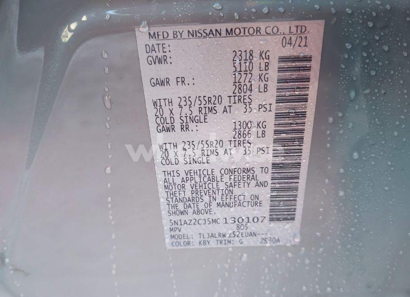 Photo 9 of 2021 Nissan Murano SL FWD (VIN 5N1AZ2CJ5MC130107)