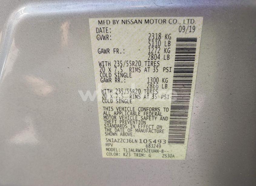 Photo 9 of 2020 Nissan Murano SL FWD (VIN 5N1AZ2CJ6LN105493)