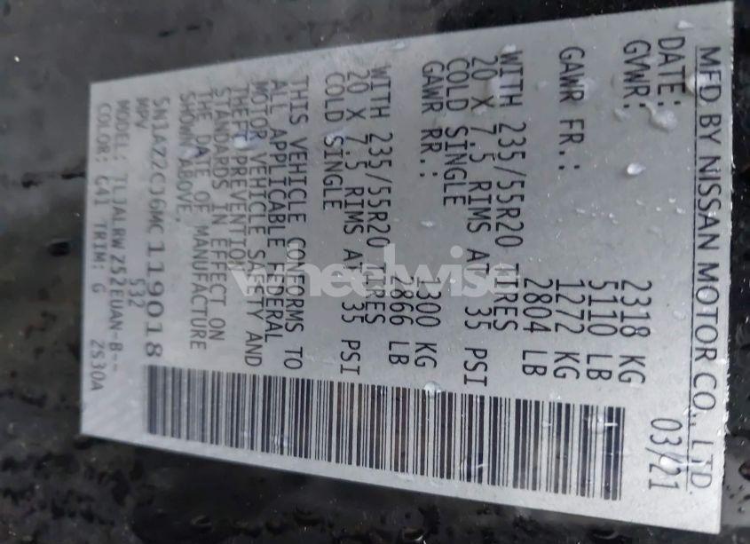 Photo 9 of 2021 Nissan Murano SL FWD (VIN 5N1AZ2CJ6MC119018)