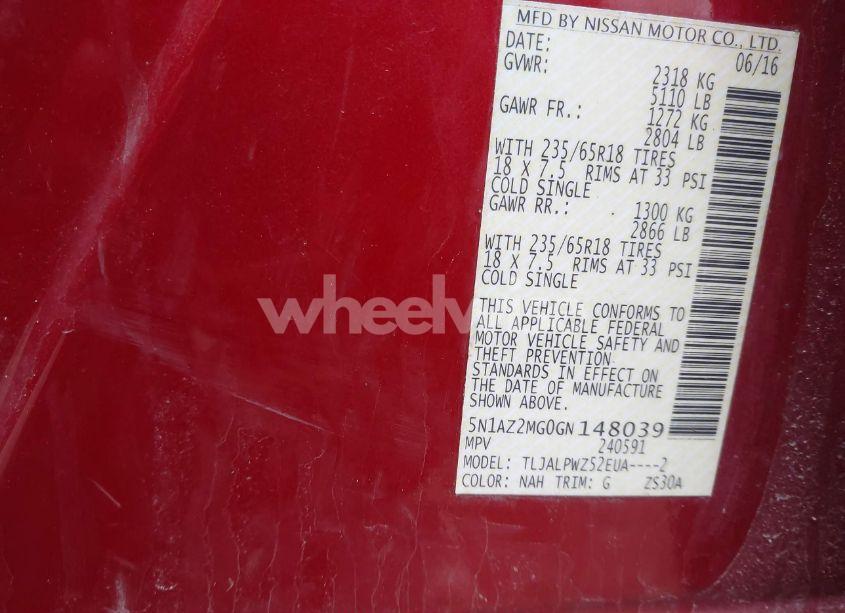 Photo 9 of 2016 Nissan Murano S/SL/SV/PLATINUM (VIN 5N1AZ2MG0GN148039)