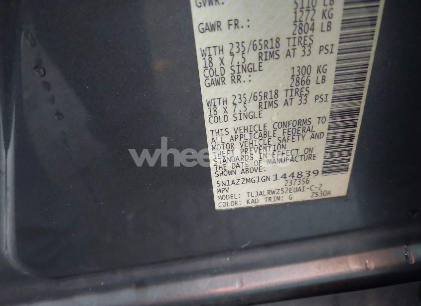 Photo 9 of 2016 Nissan Murano SL (VIN 5N1AZ2MG1GN144839)