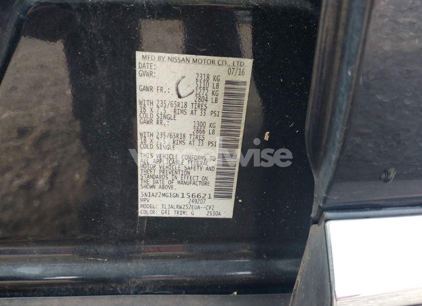 Photo 9 of 2016 Nissan Murano SL (VIN 5N1AZ2MG1GN156621)