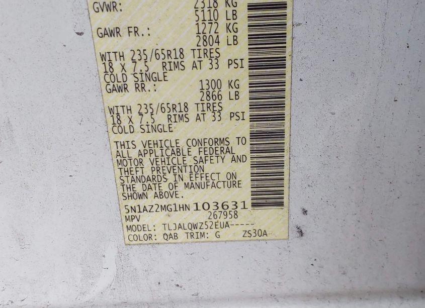 Photo 9 of 2017 Nissan Murano PLATINUM/S/SL/SV (VIN 5N1AZ2MG1HN103631)