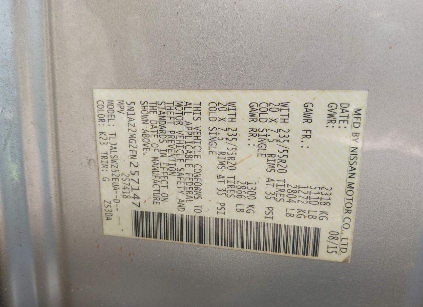 Photo 9 of 2015 Nissan Murano PLATINUM (VIN 5N1AZ2MG2FN257147)