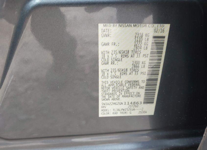 Photo 9 of 2016 Nissan Murano PLATINUM/S/SL/SV (VIN 5N1AZ2MG2GN114863)