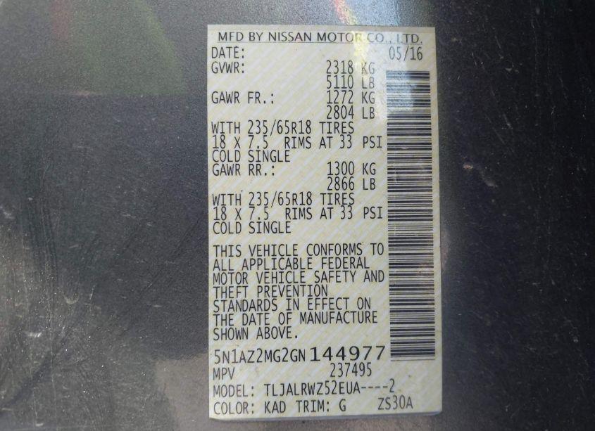 Photo 9 of 2016 Nissan Murano SL (VIN 5N1AZ2MG2GN144977)