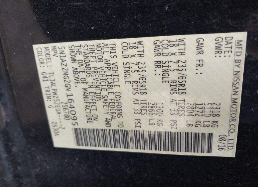 Photo 9 of 2016 Nissan Murano S (VIN 5N1AZ2MG2GN164095)