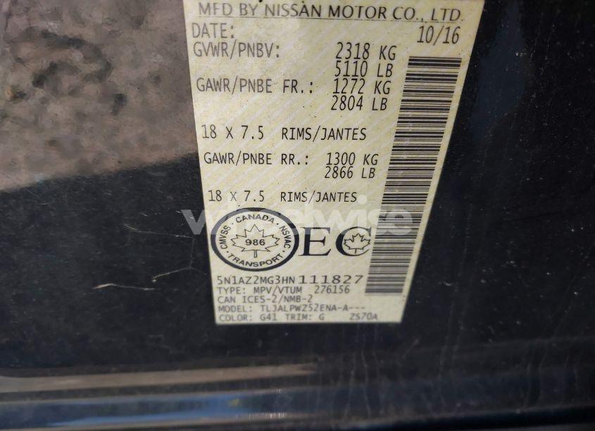 Photo 9 of 2017 Nissan Murano PLATINUM/S/SL/SV (VIN 5N1AZ2MG3HN111827)