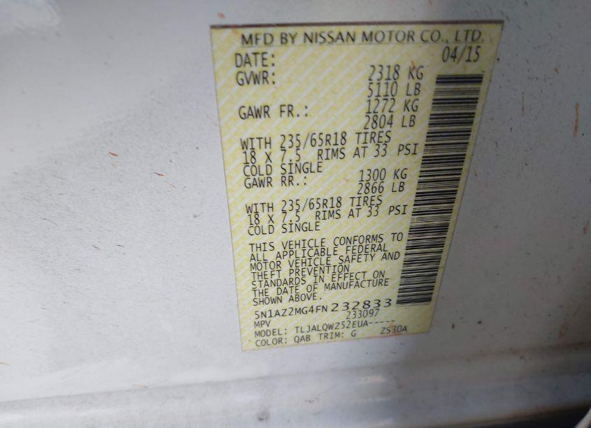 Photo 9 of 2015 Nissan Murano SV (VIN 5N1AZ2MG4FN232833)