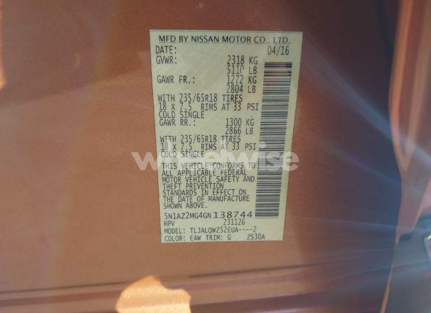 Photo 9 of 2016 Nissan Murano SV (VIN 5N1AZ2MG4GN138744)