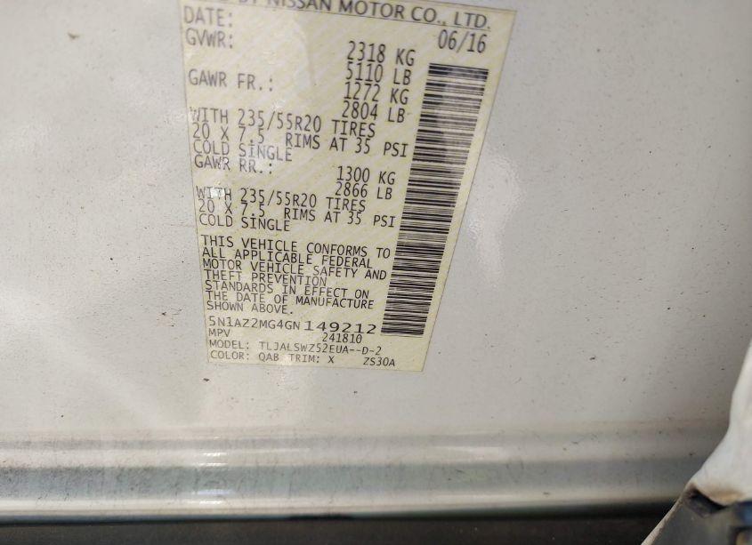 Photo 9 of 2016 Nissan Murano PLATINUM (VIN 5N1AZ2MG4GN149212)