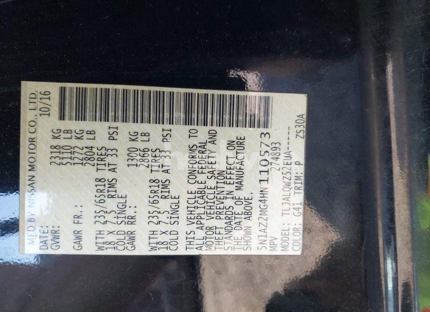 Photo 9 of 2017 Nissan Murano PLATINUM/S/SL/SV (VIN 5N1AZ2MG4HN110573)