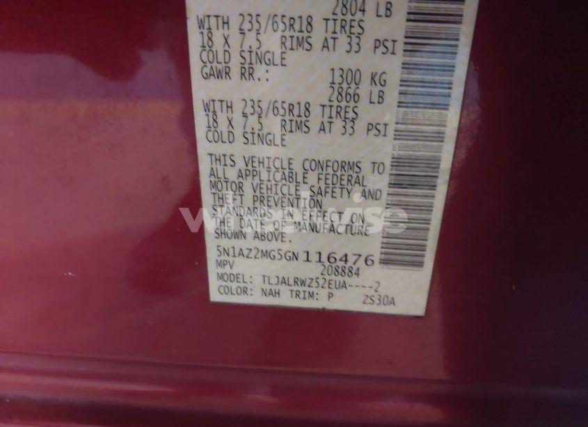 Photo 9 of 2016 Nissan Murano SL (VIN 5N1AZ2MG5GN116476)