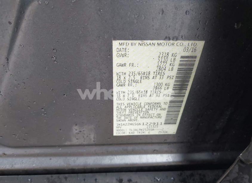 Photo 9 of 2016 Nissan Murano PLATINUM/S/SL/SV (VIN 5N1AZ2MG5GN122911)