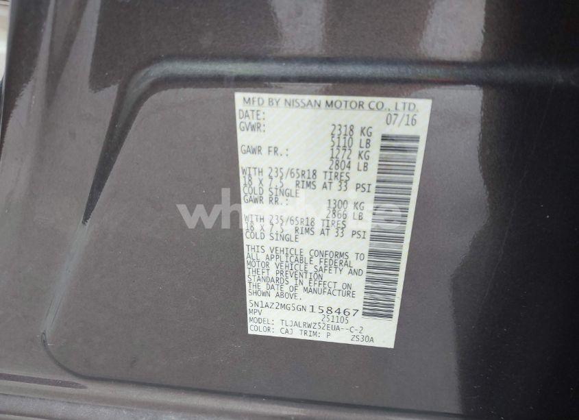 Photo 9 of 2016 Nissan Murano SL (VIN 5N1AZ2MG5GN158467)