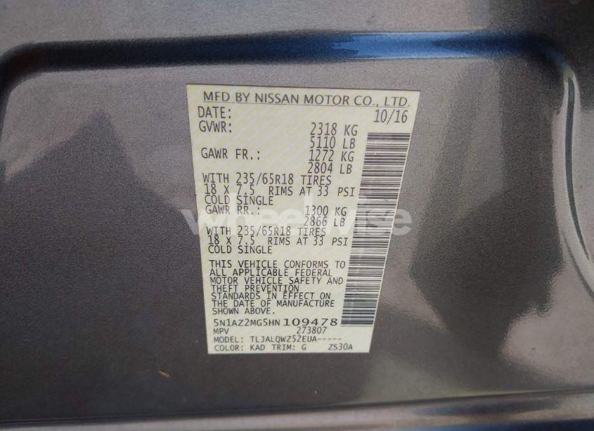 Photo 9 of 2017 Nissan Murano PLATINUM/S/SL/SV (VIN 5N1AZ2MG5HN109478)