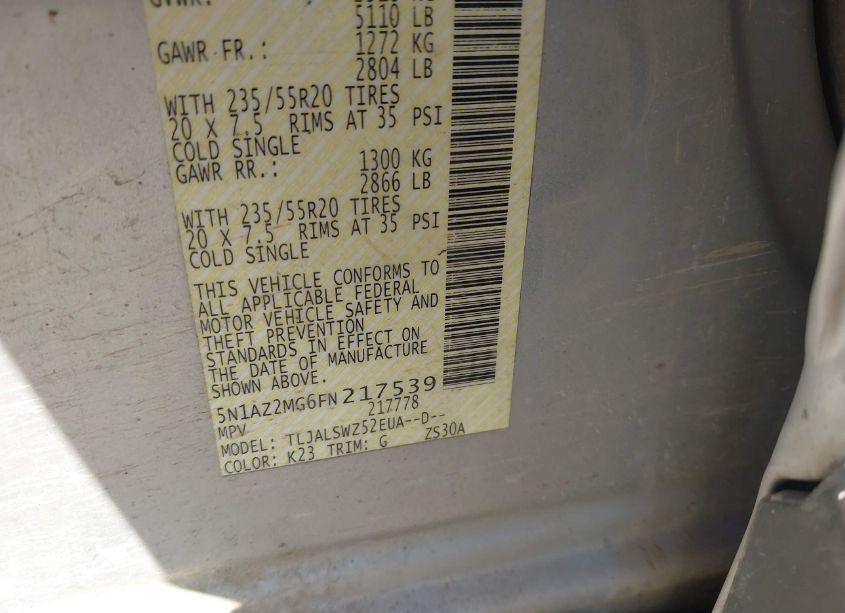 Photo 9 of 2015 Nissan Murano PLATINUM (VIN 5N1AZ2MG6FN217539)